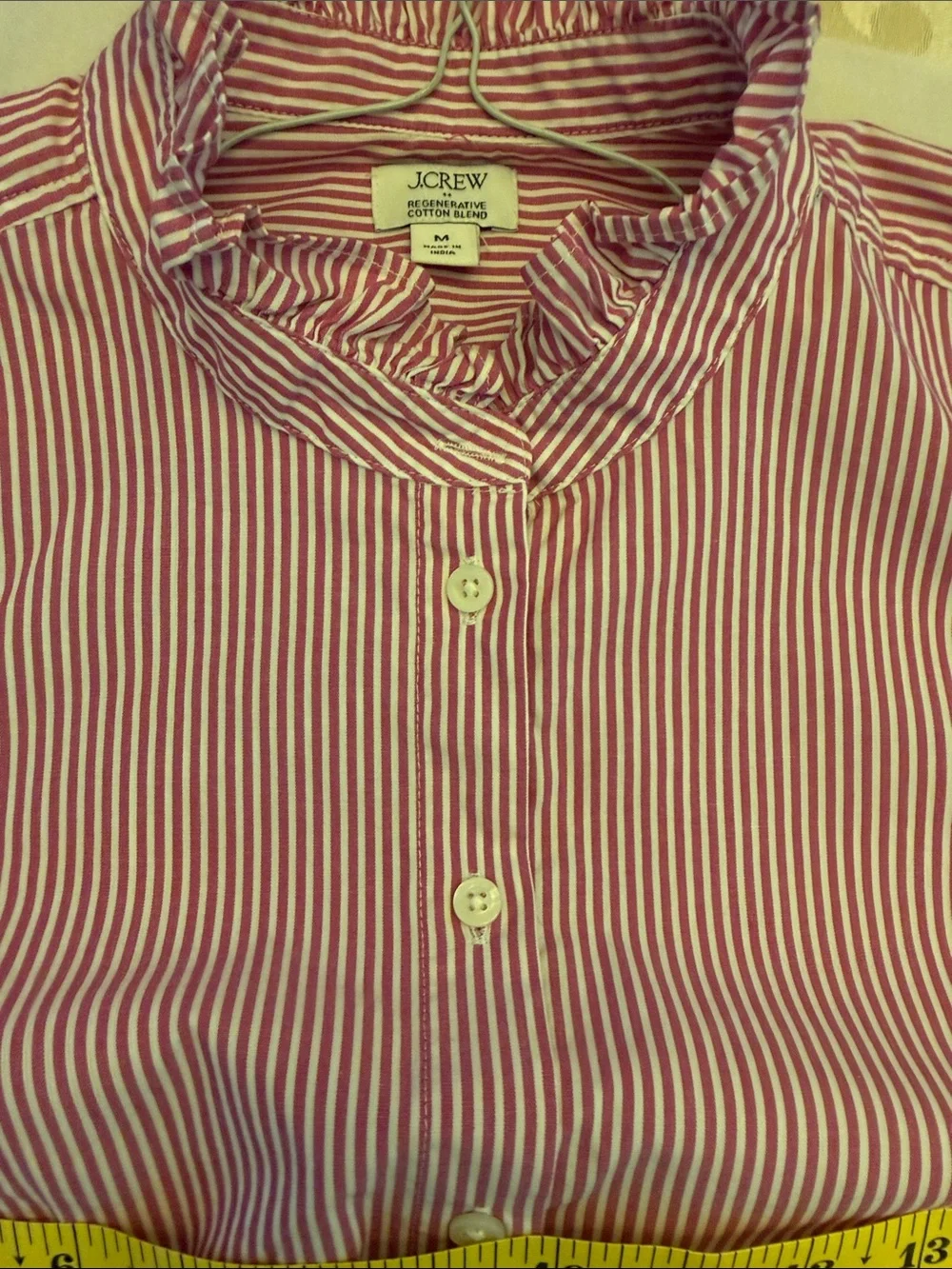 J. Crew Pink Striped Ruffle-Neck Button-Up Blouse